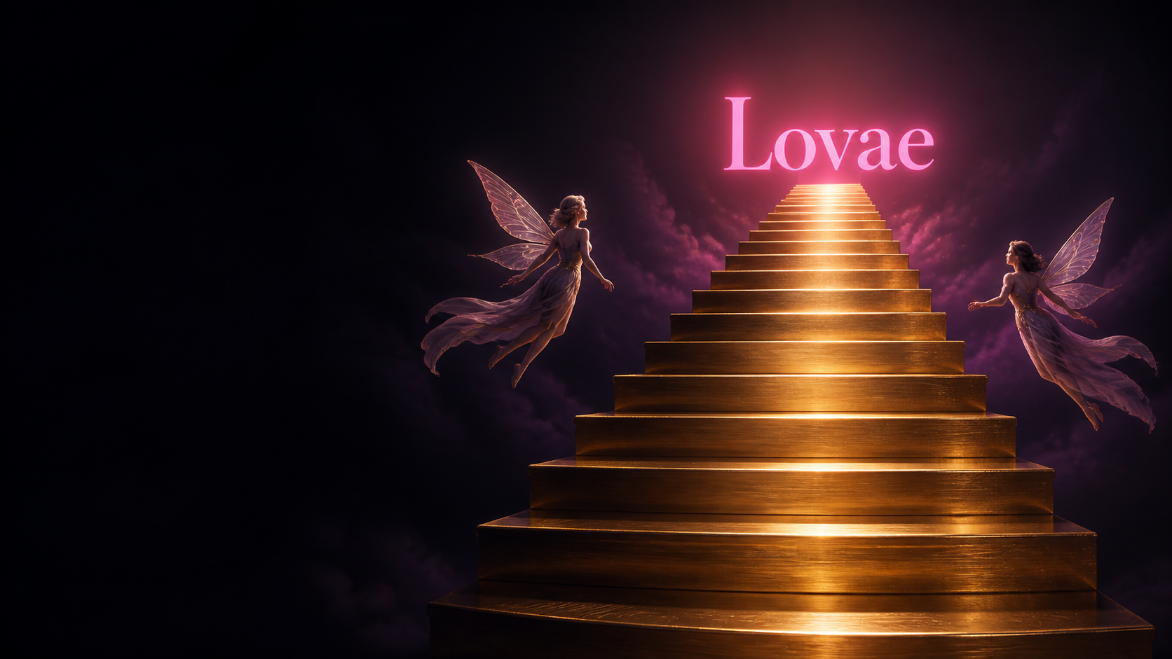 Золотая лестница ведёт к розовому названию Lovae; по сторонам летят феи.